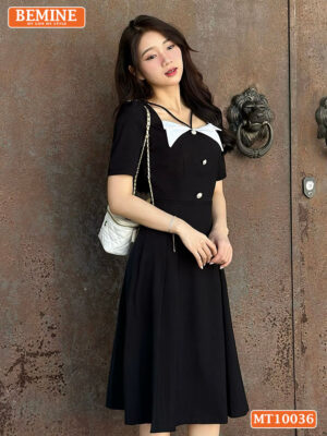 Đầm thiết kế BEMINE cổ vuông phối đính nút MT10036