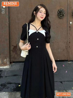 Đầm thiết kế BEMINE cổ vuông phối đính nút MT10036
