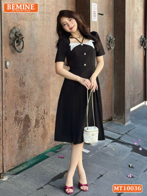 Đầm thiết kế BEMINE cổ vuông phối đính nút MT10036