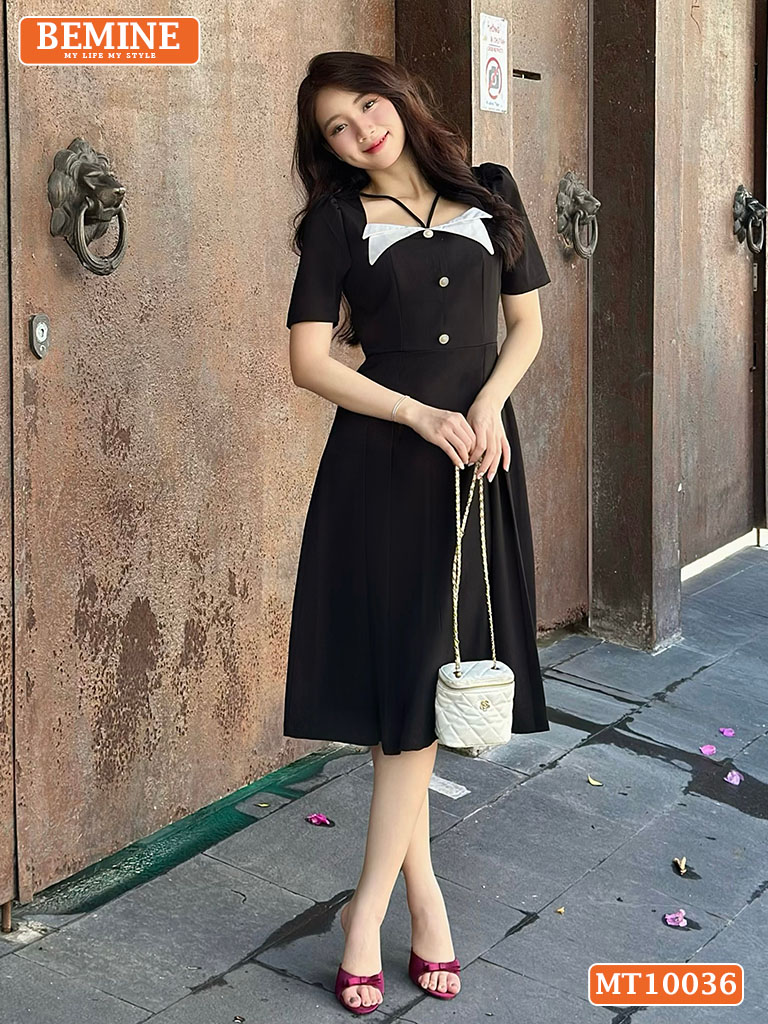 Đầm thiết kế BEMINE cổ vuông phối đính nút MT10036