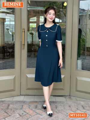 Đầm Thiết Kế BEMINE Cổ Tròn Nơ Đính Cúc MT10141