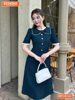 Đầm Thiết Kế BEMINE Cổ Tròn Nơ Đính Cúc MT10141