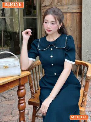 Đầm Thiết Kế BEMINE Cổ Tròn Nơ Đính Cúc MT10141