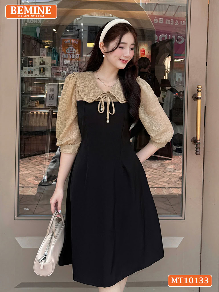 Đầm thiết kế BEMINE cổ V phối ren thêu hoa MT10133