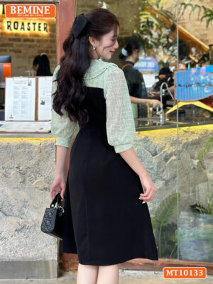 Đầm thiết kế BEMINE cổ V phối ren thêu hoa MT10133