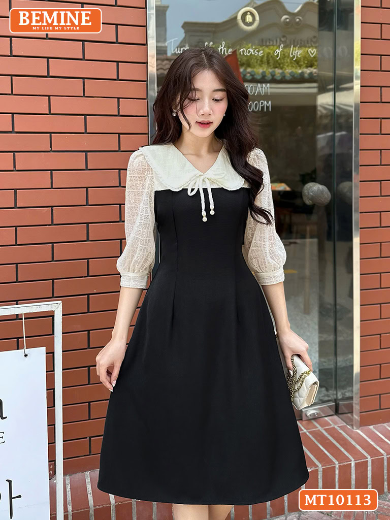 Đầm thiết kế BEMINE cổ V phối ren thêu hoa MT10133