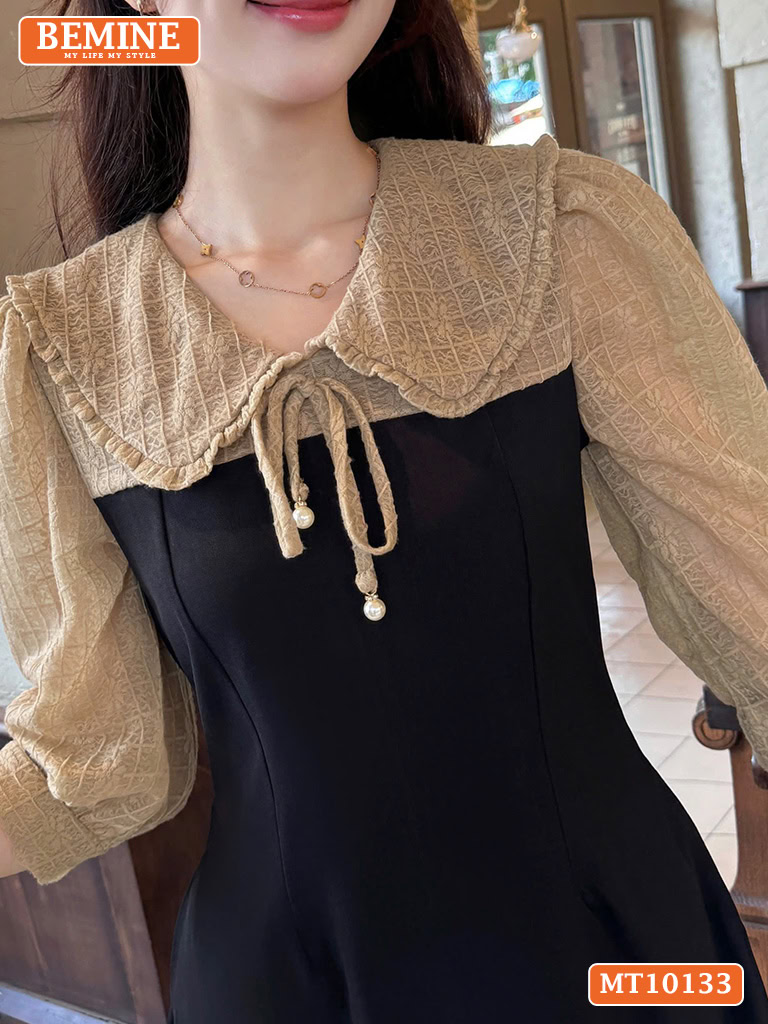 Đầm thiết kế BEMINE cổ V phối ren thêu hoa MT10133