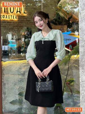Đầm thiết kế BEMINE cổ V phối ren thêu hoa MT10133