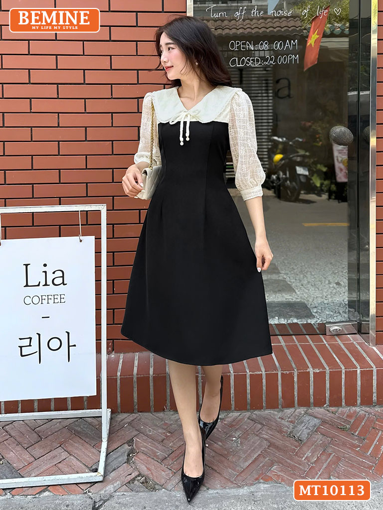Đầm thiết kế BEMINE cổ V phối ren thêu hoa MT10133