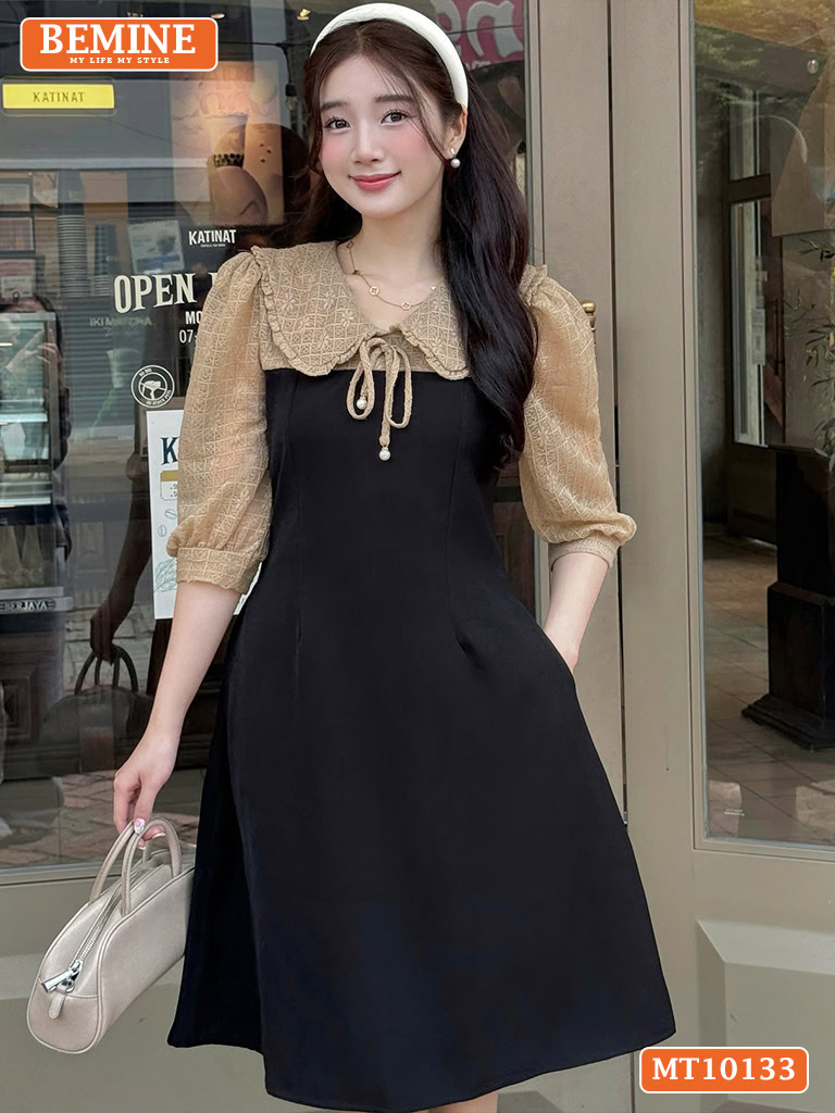 Đầm thiết kế BEMINE cổ V phối ren thêu hoa MT10133