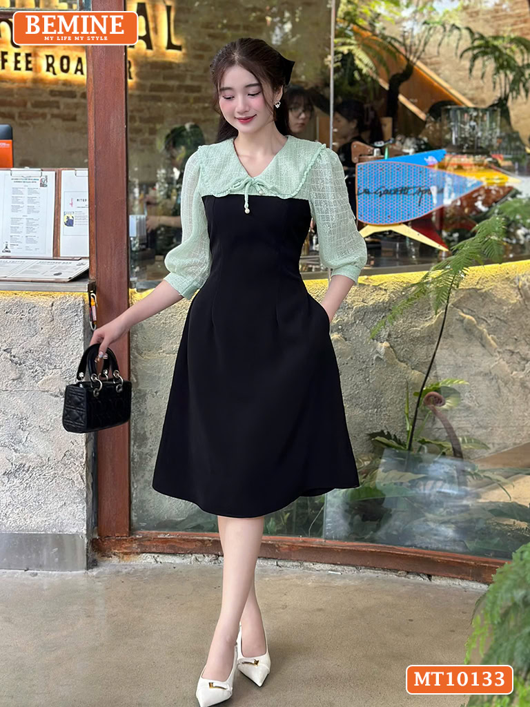 Đầm thiết kế BEMINE cổ V phối ren thêu hoa MT10133