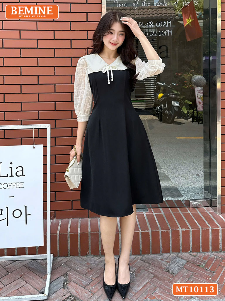 Đầm thiết kế BEMINE cổ V phối ren thêu hoa MT10133