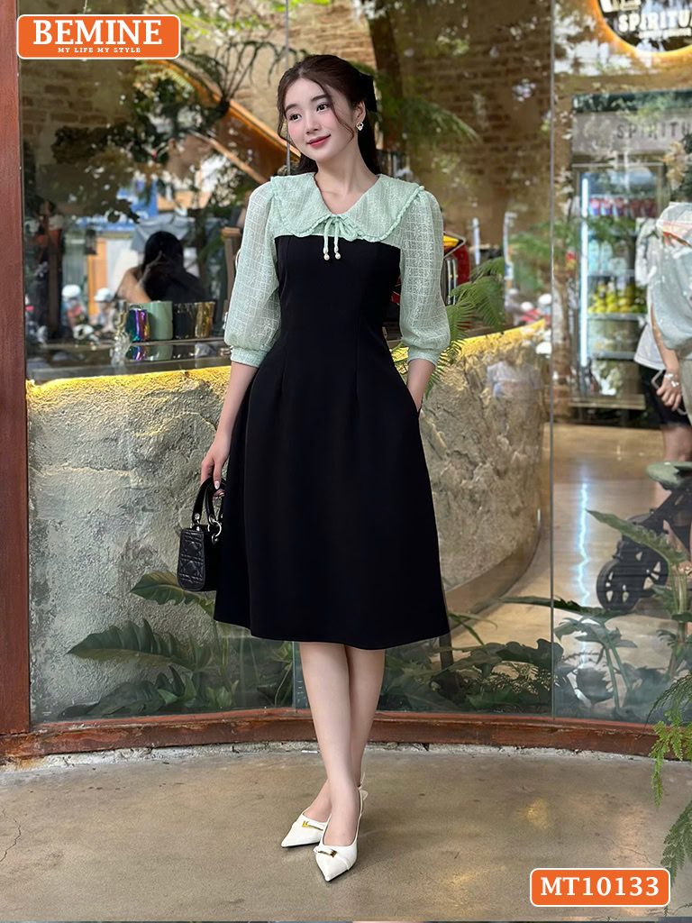 Đầm thiết kế BEMINE cổ V phối ren thêu hoa MT10133