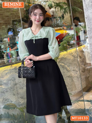Đầm thiết kế BEMINE cổ V phối ren thêu hoa MT10133