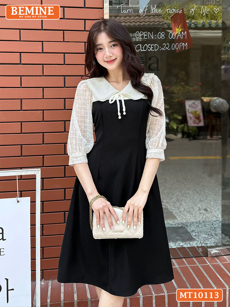Đầm thiết kế BEMINE cổ V phối ren thêu hoa MT10133