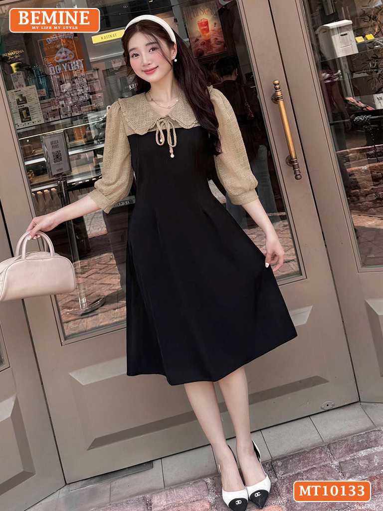 Đầm thiết kế BEMINE cổ V phối ren thêu hoa MT10133