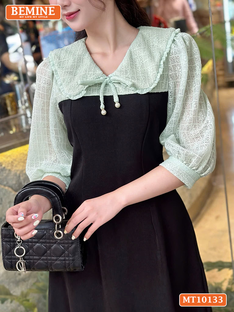 Đầm thiết kế BEMINE cổ V phối ren thêu hoa MT10133