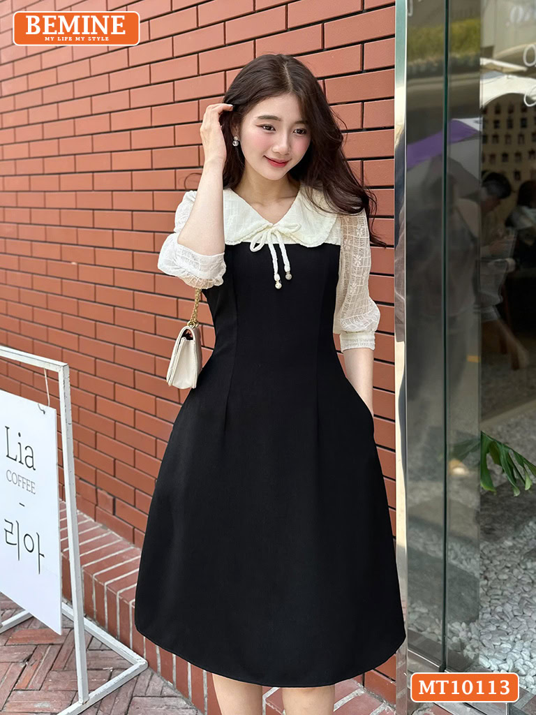 Đầm thiết kế BEMINE cổ V phối ren thêu hoa MT10133