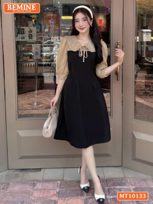 Đầm thiết kế BEMINE cổ V phối ren thêu hoa MT10133