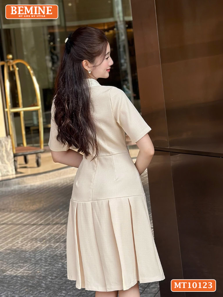 Đầm thiết kế BEMINE cổ sen đính nơ xếp ly MT10123