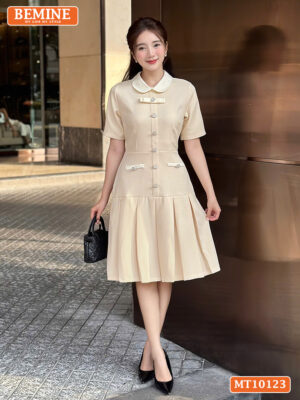 Đầm thiết kế BEMINE cổ sen đính nơ xếp ly MT10123