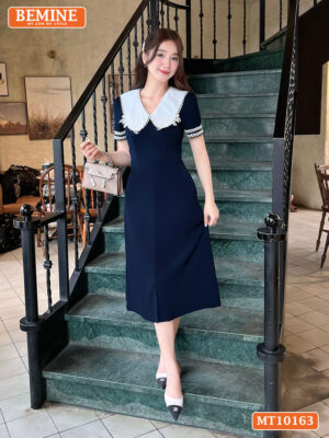 Đầm thiết kế BEMINE cổ tim phối ren hoa xẻ tà MT10163