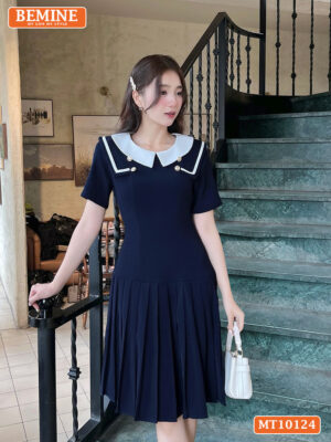 Đầm thiết kế BEMINE cổ tròn viền, xếp ly MT10124