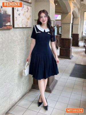 Đầm thiết kế BEMINE cổ tròn viền, xếp ly MT10124