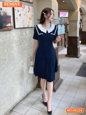 Đầm thiết kế BEMINE cổ tròn viền, xếp ly MT10124
