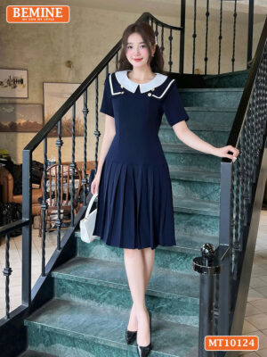 Đầm thiết kế BEMINE cổ tròn viền, xếp ly MT10124