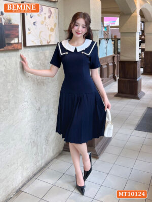 Đầm thiết kế BEMINE cổ tròn viền, xếp ly MT10124