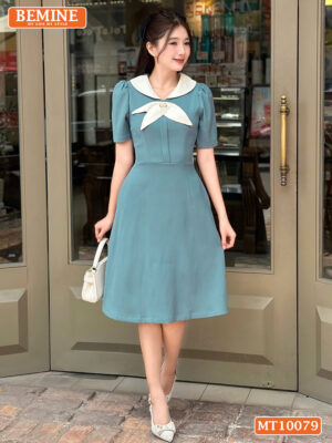 Đầm thiết kế BEMINE cổ trụ phối nơ lá MT10079