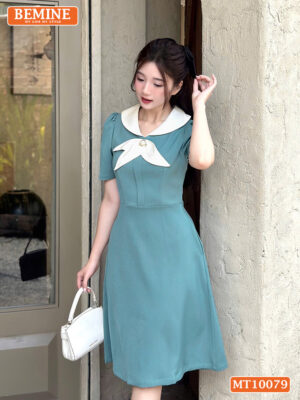 Đầm thiết kế BEMINE cổ trụ phối nơ lá MT10079