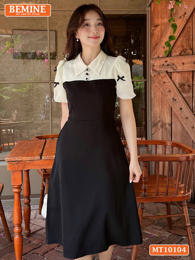 Đầm thiết kế BEMINE cổ đức tay phồng nơ MT10104