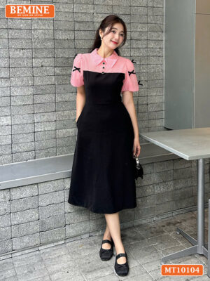 Đầm thiết kế BEMINE cổ đức tay phồng nơ MT10104