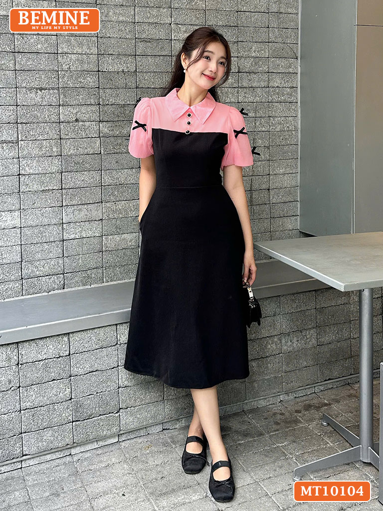 Đầm thiết kế BEMINE cổ đức tay phồng nơ MT10104