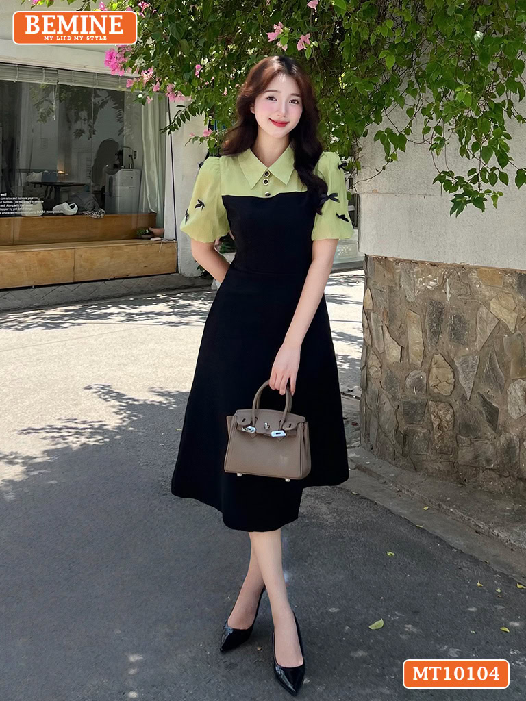 Đầm thiết kế BEMINE cổ đức tay phồng nơ MT10104