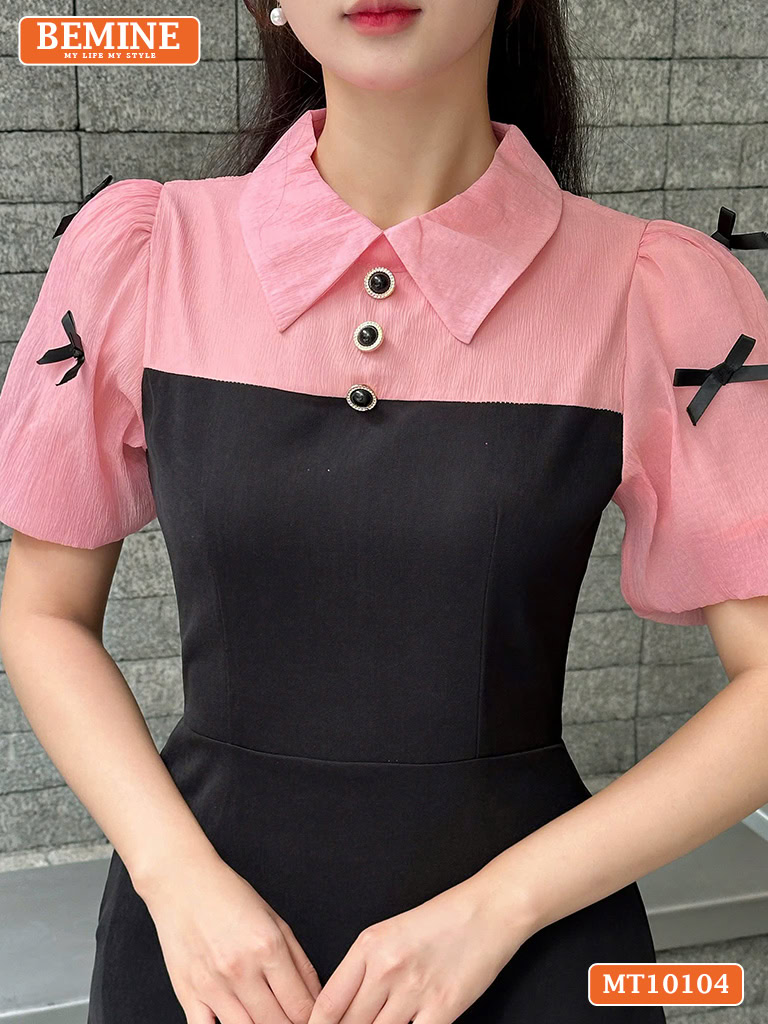 Đầm thiết kế BEMINE cổ đức tay phồng nơ MT10104