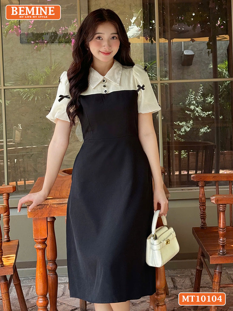 Đầm thiết kế BEMINE cổ đức tay phồng nơ MT10104
