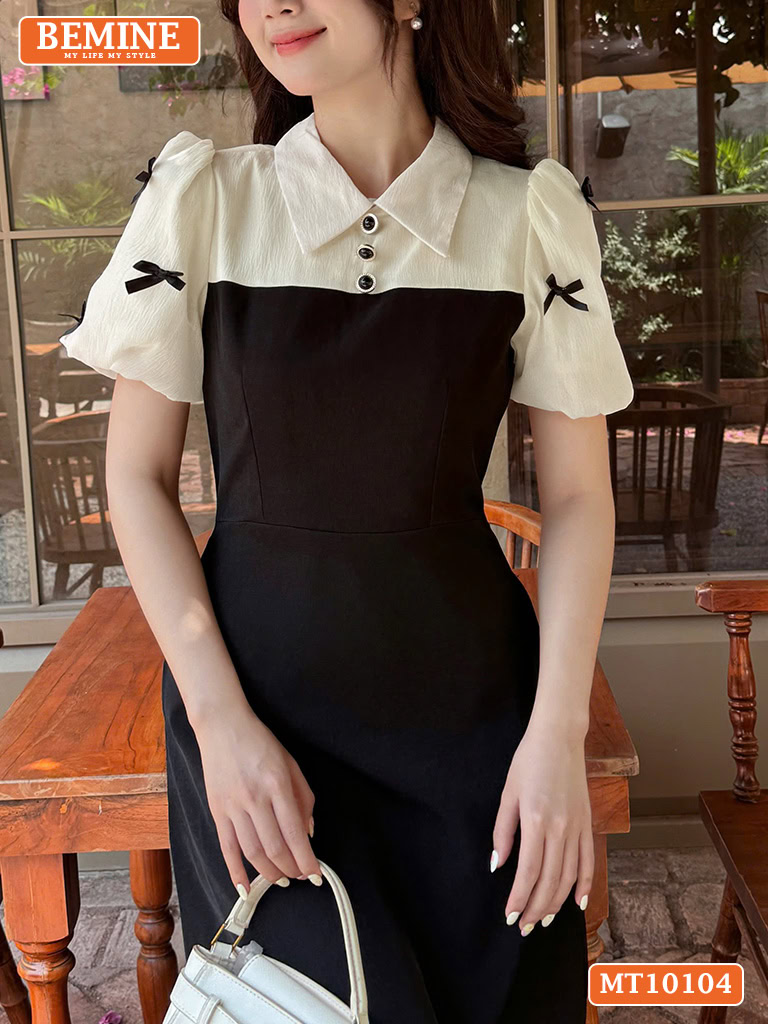 Đầm thiết kế BEMINE cổ đức tay phồng nơ MT10104