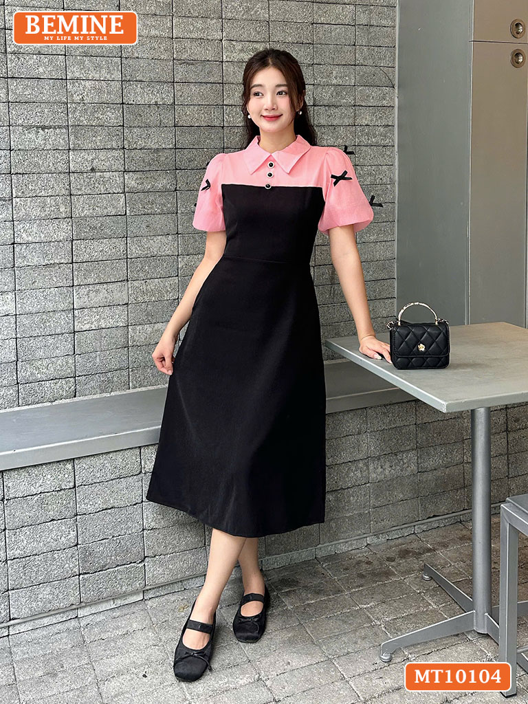 Đầm thiết kế BEMINE cổ đức tay phồng nơ MT10104