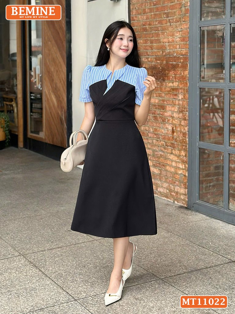 Đầm thiết kế BEMINE cổ phối sọc dáng chữ A MT11022