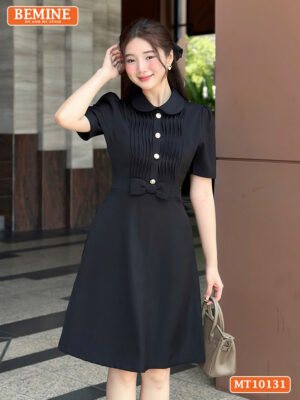 Đầm thiết kế BEMINE cổ sen xếp ly đính nơ eo MT10131