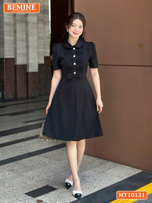 Đầm thiết kế BEMINE cổ sen xếp ly đính nơ eo MT10131