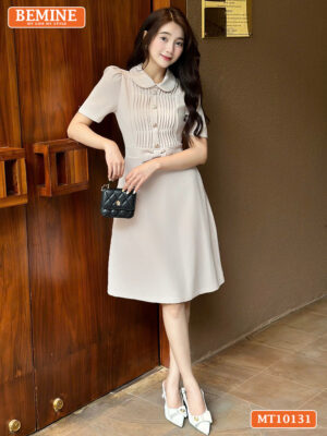 Đầm thiết kế BEMINE cổ sen xếp ly đính nơ eo MT10131