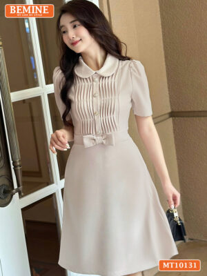 Đầm thiết kế BEMINE cổ sen xếp ly đính nơ eo MT10131
