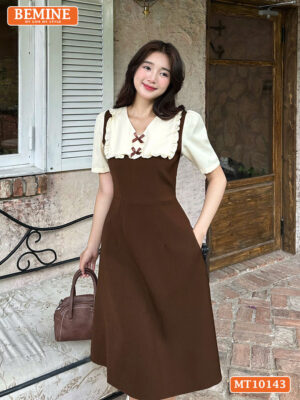 Đầm thiết kế BEMINE cổ tim phối viền bèo MT10143