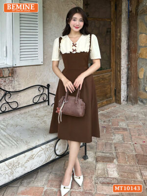 Đầm thiết kế BEMINE cổ tim phối viền bèo MT10143