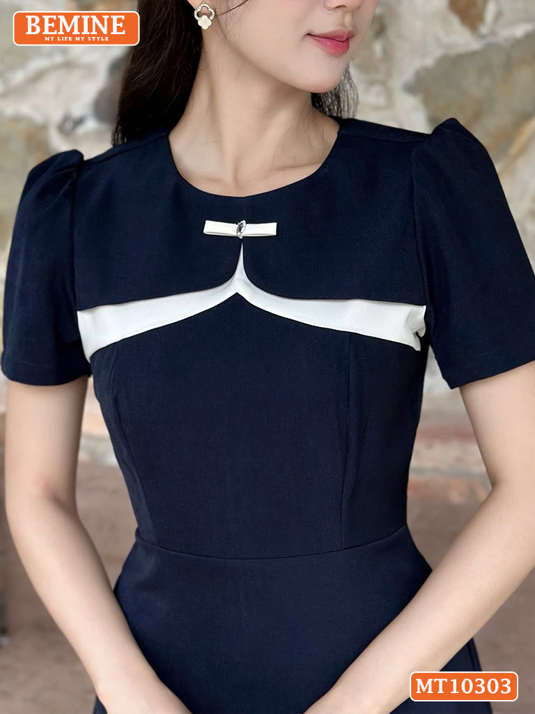 Đầm thiết kế BEMINE cổ tròn 2 lớp đính nơ MT10303