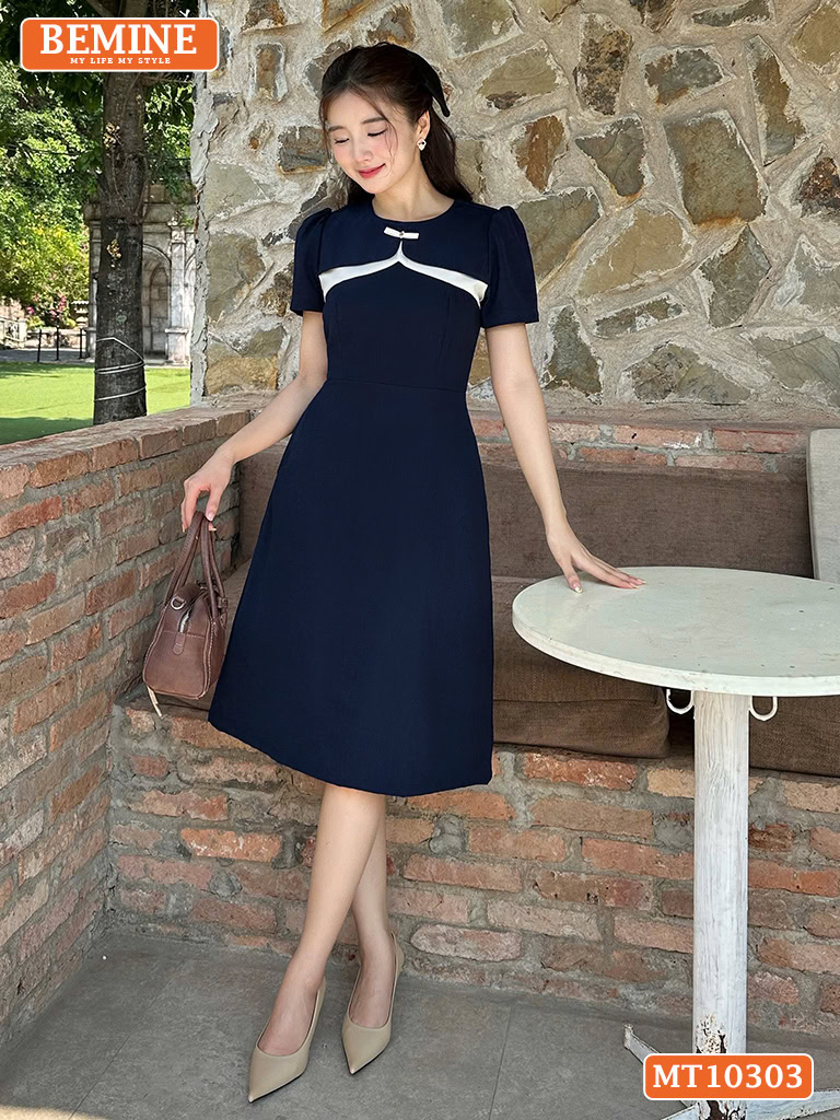 Đầm thiết kế BEMINE cổ tròn 2 lớp đính nơ MT10303